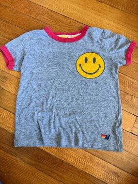 Aviator Nation Grey Tee with Red Trim and Yellow Smiley (size 6)